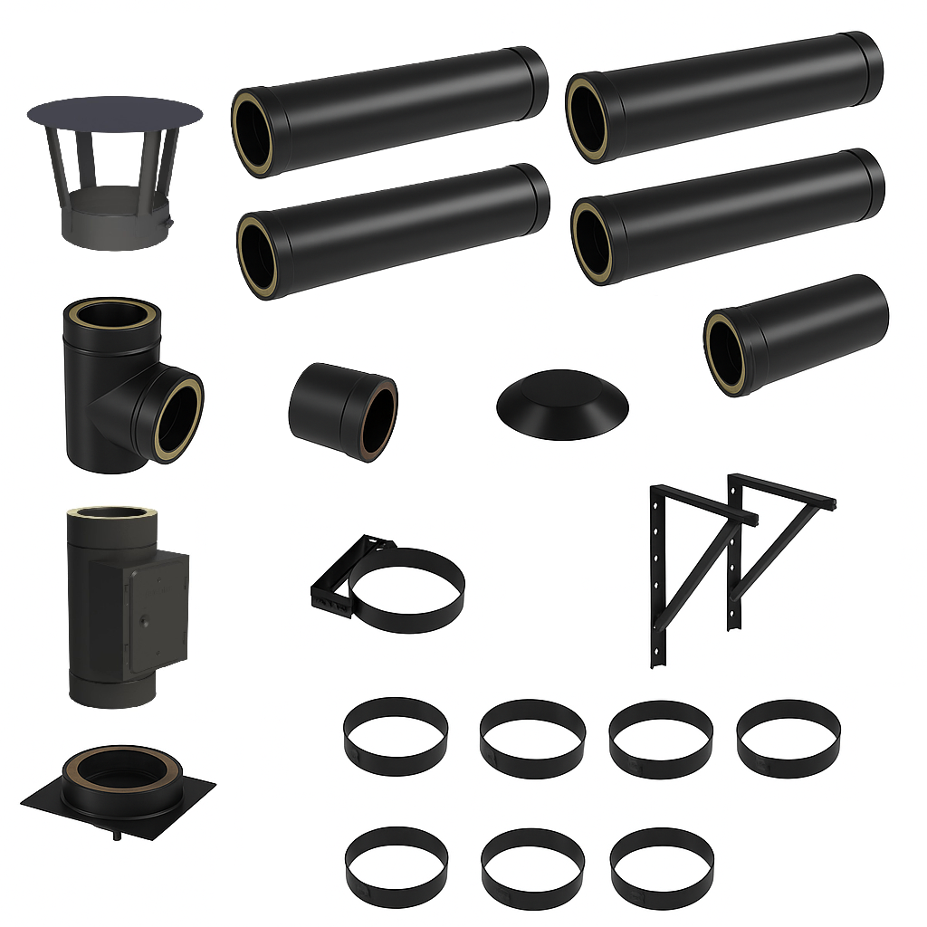 DW BLACK V2A Bausatz Doppelwandig Ø150 Höhe 4,7 m mit Regenhaube - Jeremias DW-Black