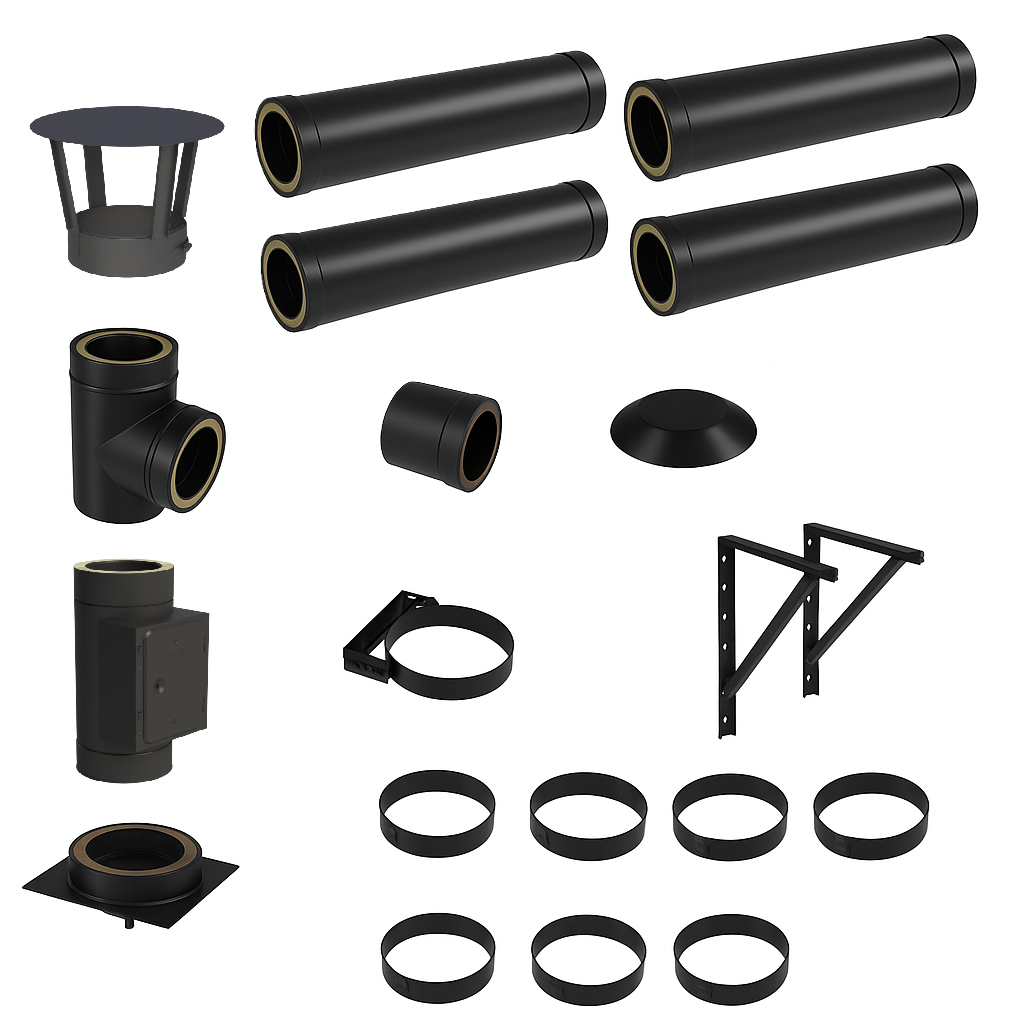 DW BLACK V2A Bausatz Doppelwandig Ø150 Höhe 5,2 m mit Regenhaube - Jeremias DW-Black