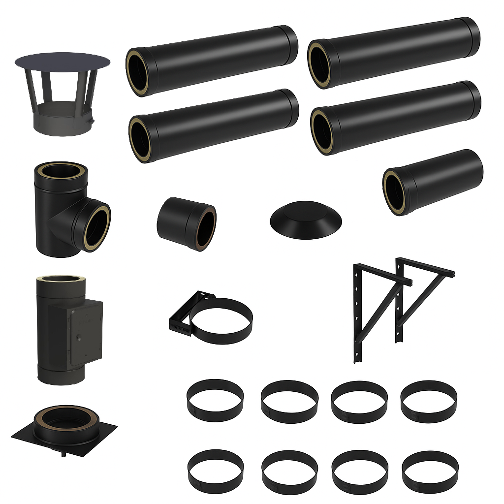 DW BLACK V2A Bausatz Doppelwandig Ø150 Höhe 5,7 m mit Regenhaube - Jeremias DW-Black