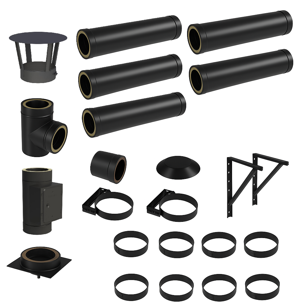 DW BLACK V2A Bausatz Doppelwandig Ø150 Höhe 6,2 m mit Regenhaube - Jeremias DW-Black