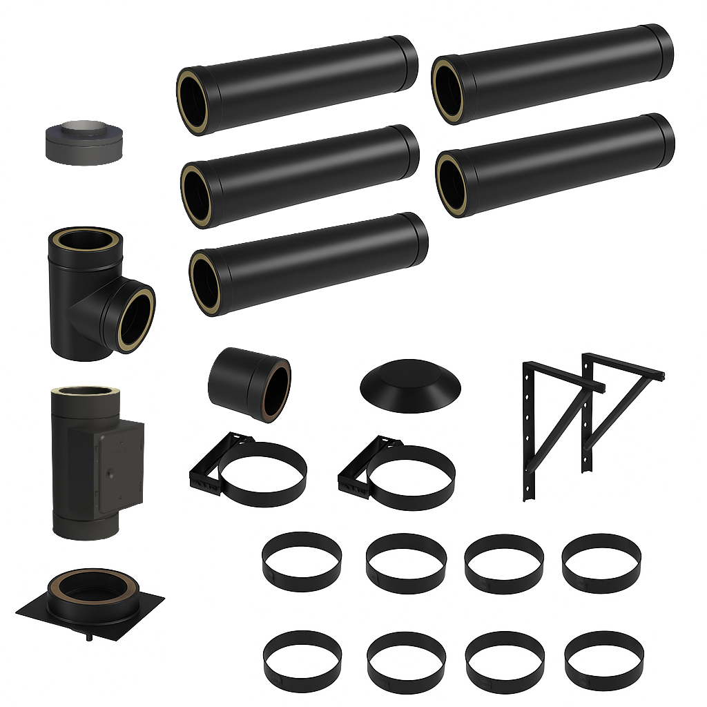 DW BLACK V2A Bausatz Doppelwandig Ø150 Höhe 6,2 m mit Mündungsabschluss - Jeremias DW-Black