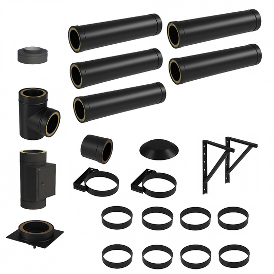 DW BLACK V2A Bausatz Doppelwandig Ø150 Höhe 6,2 m mit Mündungsabschluss - Jeremias DW-Black