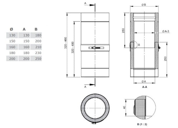 Edelstahlschornstein Schiebeelement für Verbindungsleitung Lange 320- 460 mm Ø180 mm - V2A - DW-ECO 2.0 Jeremias