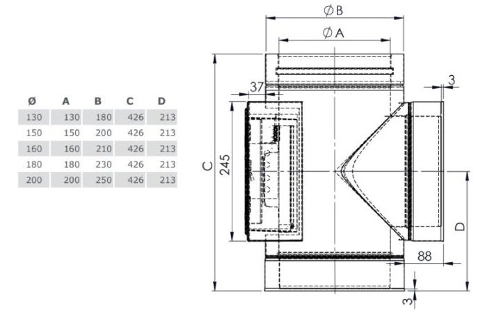 Edelstahlschornstein T-Stück 90° mit Reinigung gegenüberliegend Ø130 mm - V2A - DW-ECO 2.0 Jeremias