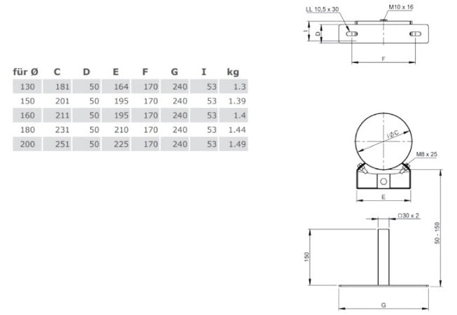 Edelstahlschornstein Wandhalter verstellbar 50 - 150 mm Ø150 mm - V2A - DW-ECO 2.0 Jeremias