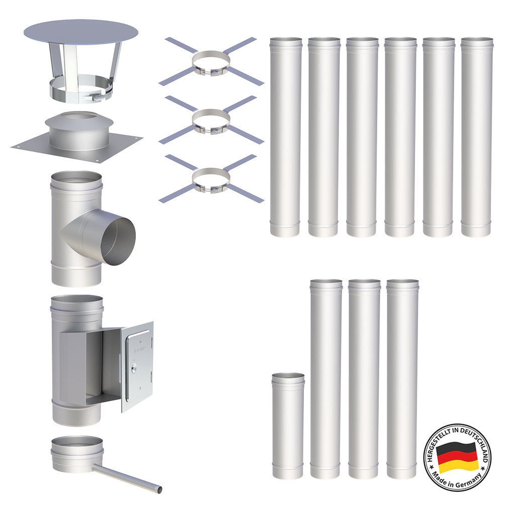 Edelstahlschornstein Bausätze Konfigurator Einwandig - Ø120 mm , Ø130 mm , Ø150 mm , Ø160 mm , Ø180 mm , Ø200 mm - V4A - 25 Jahre Garantie