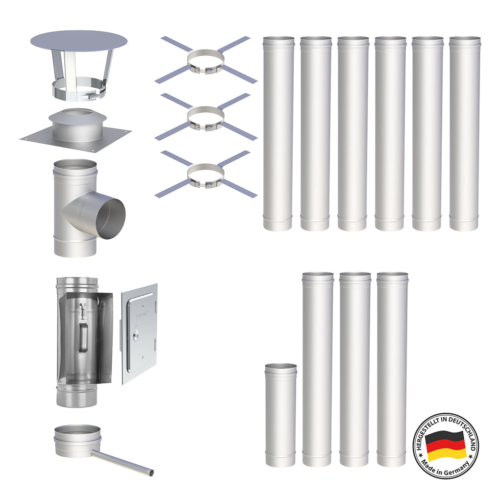Edelstahlschornstein Bausatz Einwandig 10,5 m - Ø150 mm - 0,6 mm - V4A, V2A -  Sanierungsbausatz einwandig Abgasrohr Sanierung EW-FU Jeremias