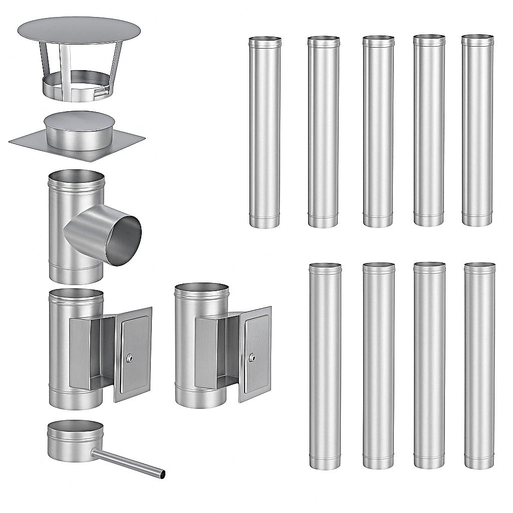 Edelstahlschornstein Bausatz Einwandig 10,4 m - Ø150 mm - 0,6 mm - V4A, V2A -  Sanierungsbausatz einwandig Abgasrohr Sanierung EW-FU Jeremias