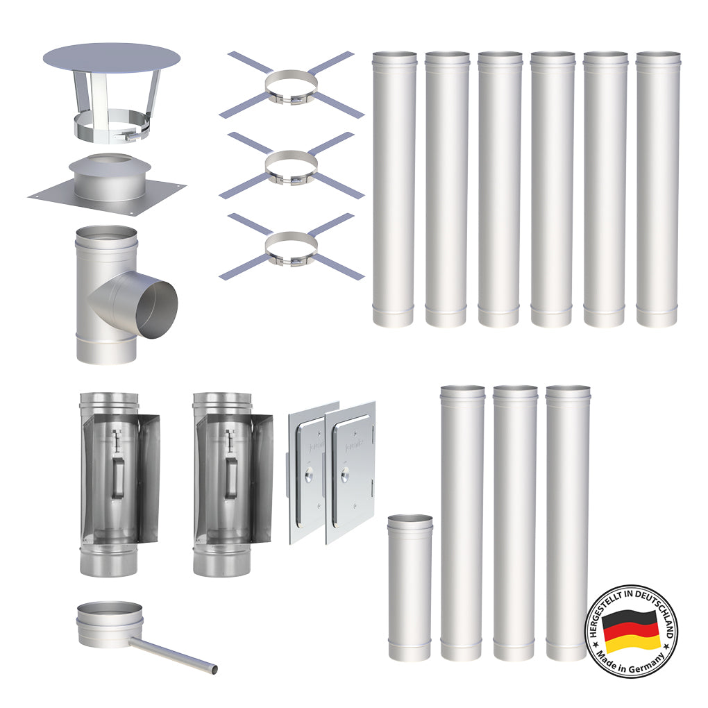 Edelstahlschornstein Bausätze Konfigurator Einwandig - Ø120 mm , Ø130 mm , Ø150 mm , Ø160 mm , Ø180 mm , Ø200 mm - V4A - 25 Jahre Garantie