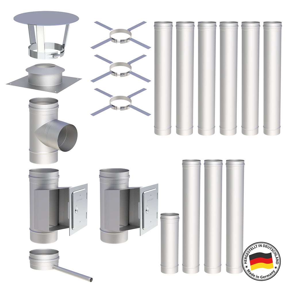 Edelstahlschornstein Bausätze Konfigurator Einwandig - Ø120 mm , Ø130 mm , Ø150 mm , Ø160 mm , Ø180 mm , Ø200 mm - V4A - 25 Jahre Garantie