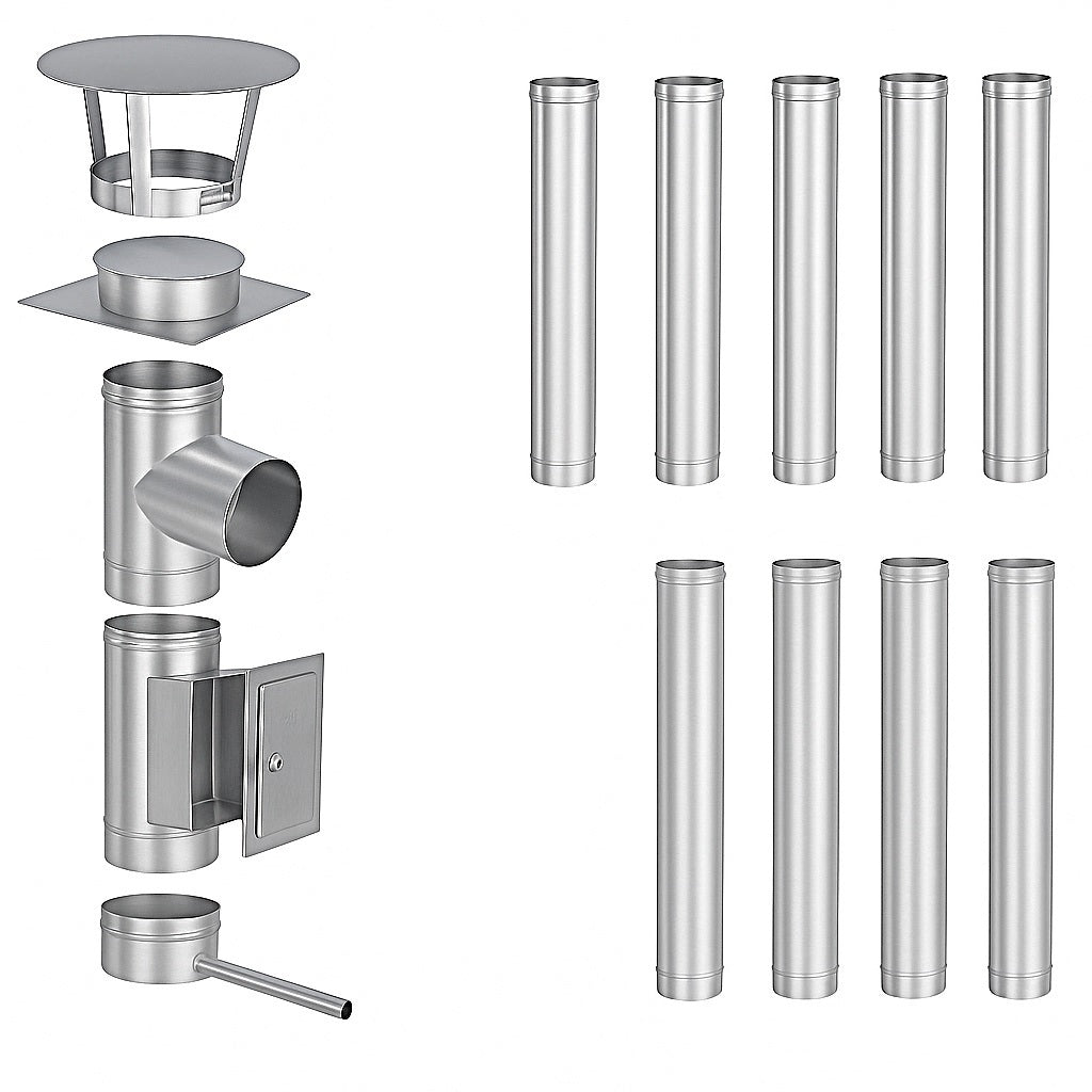 Edelstahlschornstein Bausatz Einwandig 10 m - Ø150 mm - 0,6 mm - V4A, V2A -  Sanierungsbausatz einwandig Abgasrohr Sanierung EW-FU Jeremias
