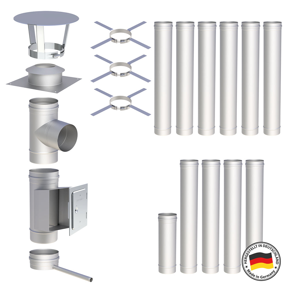 Edelstahlschornstein Bausätze Konfigurator Einwandig - Ø120 mm , Ø130 mm , Ø150 mm , Ø160 mm , Ø180 mm , Ø200 mm - V4A - 25 Jahre Garantie