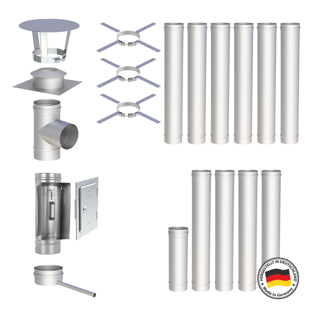 Edelstahlschornstein Bausätze Konfigurator Einwandig - Ø120 mm , Ø130 mm , Ø150 mm , Ø160 mm , Ø180 mm , Ø200 mm - V4A - 25 Jahre Garantie