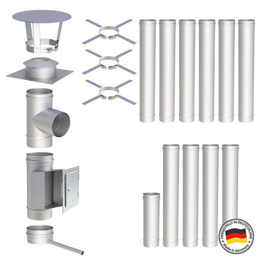 Edelstahlschornstein Bausatz Einwandig 11,5 m - Ø150 mm - 0,6 mm - V4A, V2A -  Sanierungsbausatz einwandig Abgasrohr Sanierung EW-FU Jeremias
