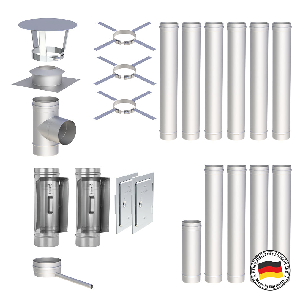 Edelstahlschornstein Bausätze Konfigurator Einwandig - Ø120 mm , Ø130 mm , Ø150 mm , Ø160 mm , Ø180 mm , Ø200 mm - V4A - 25 Jahre Garantie