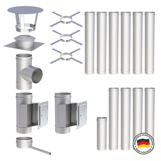 Edelstahlschornstein Bausatz Einwandig 11,9 m - Ø130 mm - 0,6 mm - V4A, V2A -  Sanierungsbausatz einwandig Abgasrohr Sanierung EW-FU Jeremias