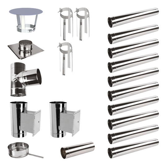 Edelstahlschornstein Bausatz Einwandig 11,9 m mit 2 Reinigungselementen - Ø120 mm - 0,6 mm Sanierungsbausatz einwandig Abgasrohr Sanierung