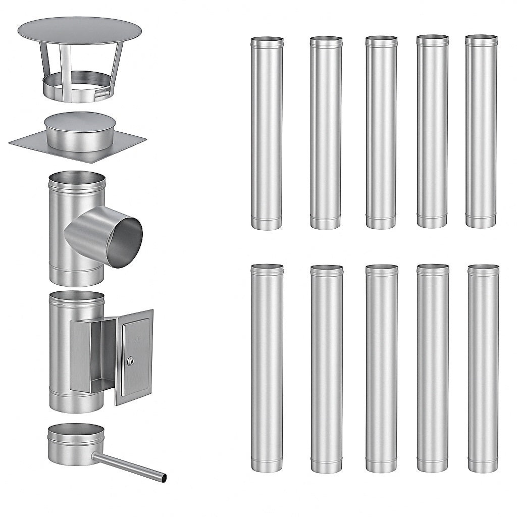 Edelstahlschornstein Bausatz Einwandig 11 m - Ø130 mm - 0,6 mm - V4A, V2A -  Sanierungsbausatz einwandig Abgasrohr Sanierung EW-FU Jeremias