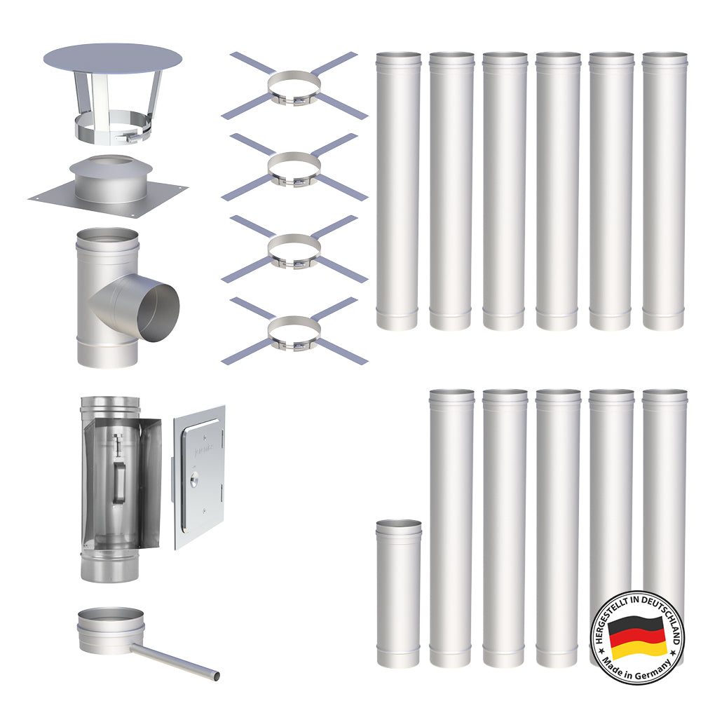 Edelstahlschornstein Bausätze Konfigurator Einwandig - Ø120 mm , Ø130 mm , Ø150 mm , Ø160 mm , Ø180 mm , Ø200 mm - V4A - 25 Jahre Garantie