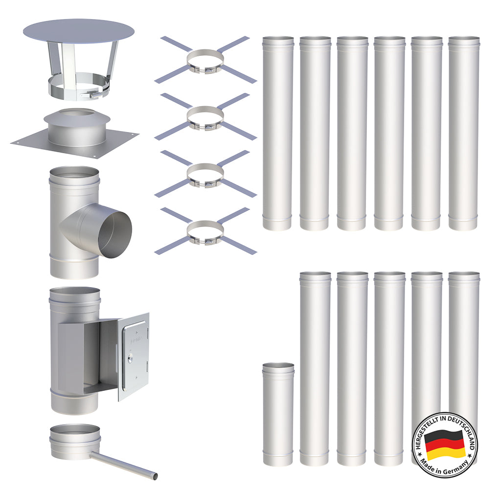 Edelstahlschornstein Bausätze Konfigurator Einwandig - Ø120 mm , Ø130 mm , Ø150 mm , Ø160 mm , Ø180 mm , Ø200 mm - V4A - 25 Jahre Garantie