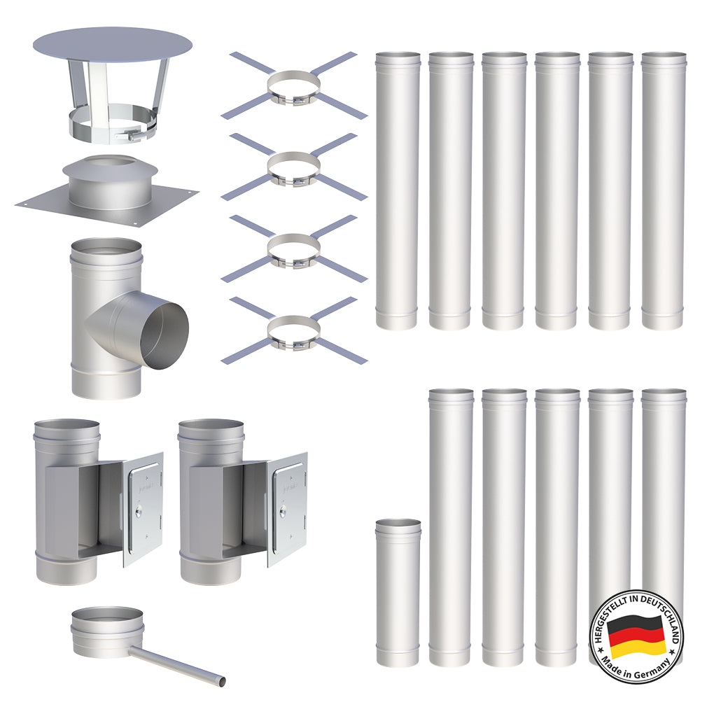 Edelstahlschornstein Bausätze Konfigurator Einwandig - Ø120 mm , Ø130 mm , Ø150 mm , Ø160 mm , Ø180 mm , Ø200 mm - V4A - 25 Jahre Garantie