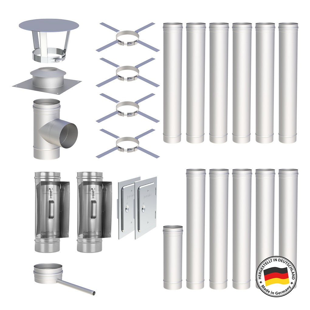 Edelstahlschornstein Bausätze Konfigurator Einwandig - Ø120 mm , Ø130 mm , Ø150 mm , Ø160 mm , Ø180 mm , Ø200 mm - V4A - 25 Jahre Garantie