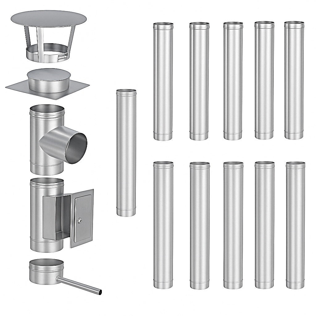 Edelstahlschornstein Bausatz Einwandig 12 m - Ø130 mm - 0,6 mm - V4A, V2A -  Sanierungsbausatz einwandig Abgasrohr Sanierung EW-FU Jeremias