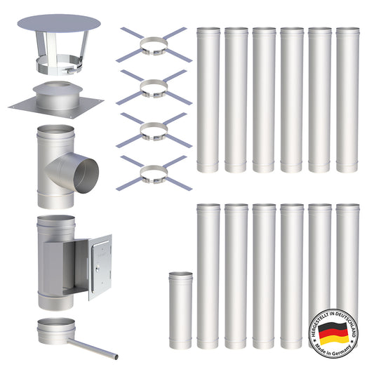 Edelstahlschornstein Bausatz Einwandig 13,5 m - Ø150 mm - 0,6 mm - V4A, V2A -  Sanierungsbausatz einwandig Abgasrohr Sanierung EW-FU Jeremias