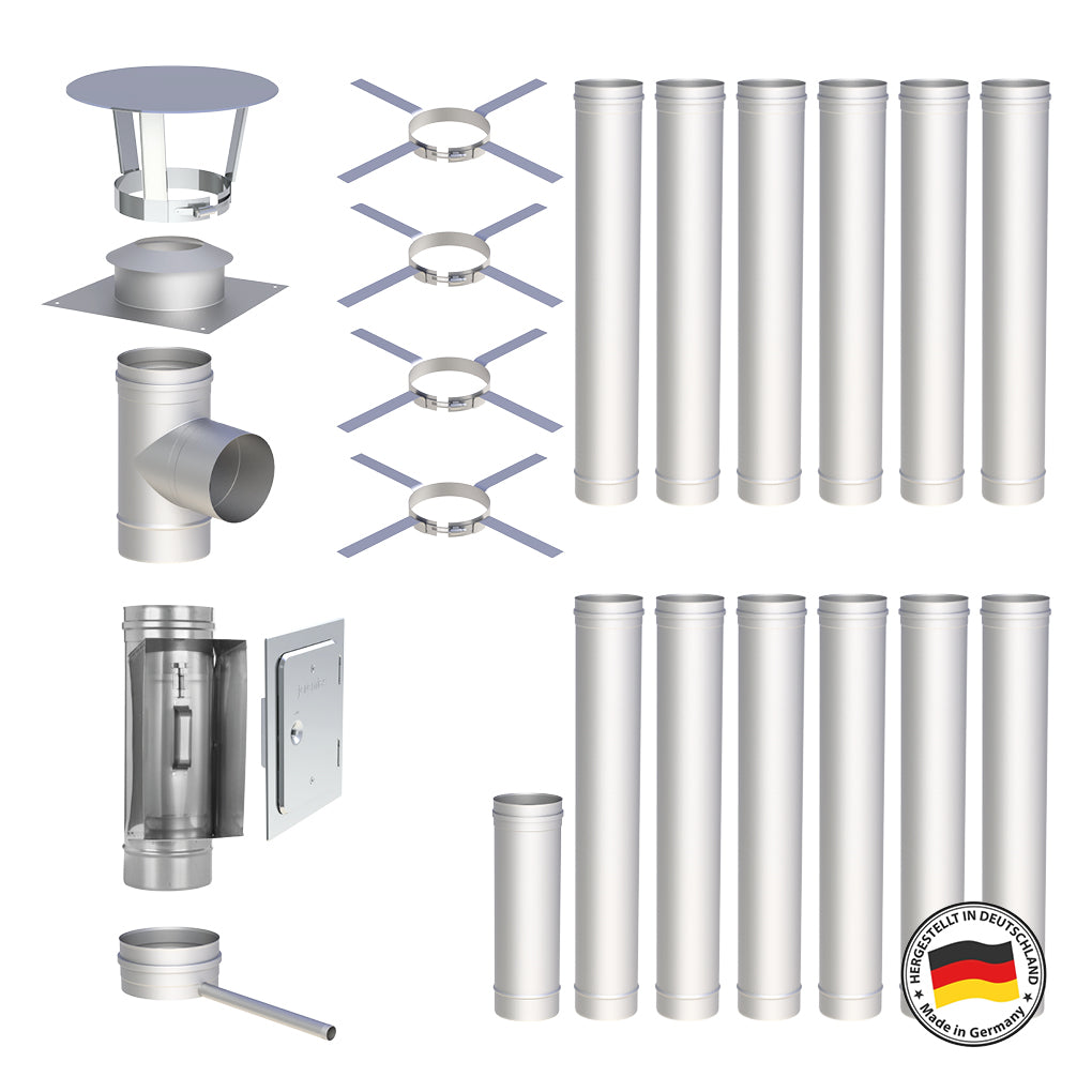 Edelstahlschornstein Bausätze Konfigurator Einwandig - Ø120 mm , Ø130 mm , Ø150 mm , Ø160 mm , Ø180 mm , Ø200 mm - V4A - 25 Jahre Garantie