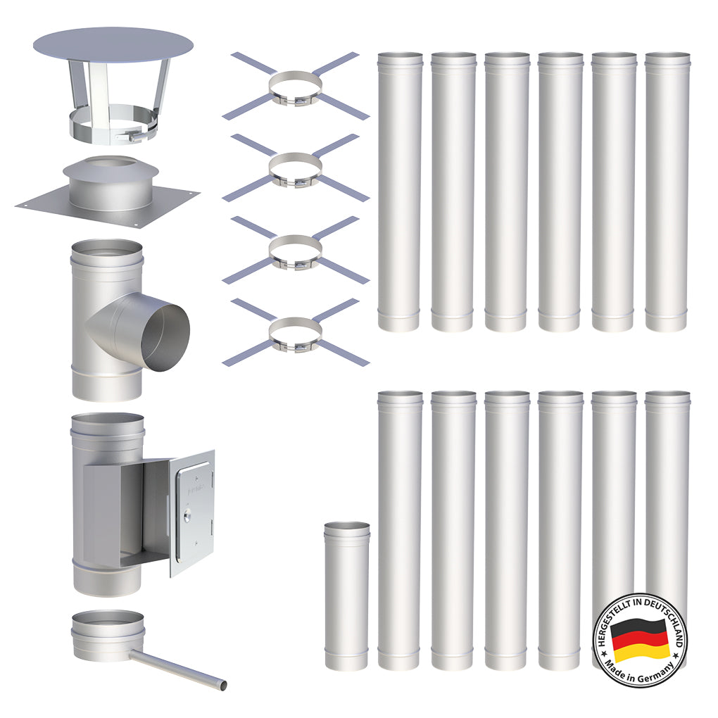 Edelstahlschornstein Bausätze Konfigurator Einwandig - Ø120 mm , Ø130 mm , Ø150 mm , Ø160 mm , Ø180 mm , Ø200 mm - V4A - 25 Jahre Garantie