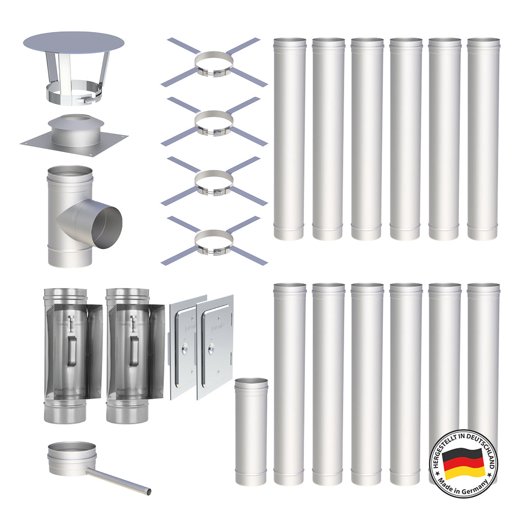 Edelstahlschornstein Bausätze Konfigurator Einwandig - Ø120 mm , Ø130 mm , Ø150 mm , Ø160 mm , Ø180 mm , Ø200 mm - V4A - 25 Jahre Garantie