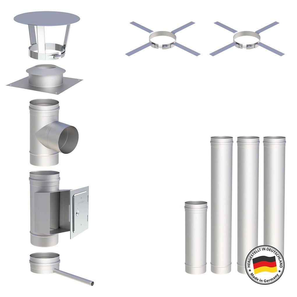 Edelstahlschornstein Bausätze Konfigurator Einwandig - Ø120 mm , Ø130 mm , Ø150 mm , Ø160 mm , Ø180 mm , Ø200 mm - V4A - 25 Jahre Garantie