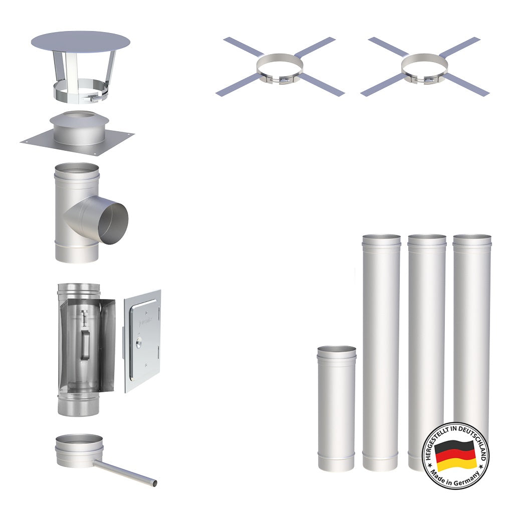 Edelstahlschornstein Bausatz Einwandig 4,5 m - Ø130 mm - 0,6 mm - V4A, V2A -  Sanierungsbausatz einwandig Abgasrohr Sanierung EW-FU Jeremias
