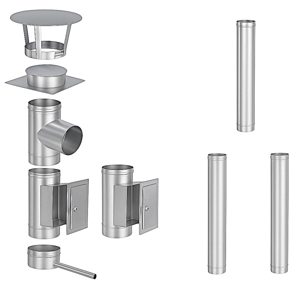 Edelstahlschornstein Bausatz Einwandig 4,4 m - Ø150 mm - 0,6 mm - V4A, V2A -  Sanierungsbausatz einwandig Abgasrohr Sanierung EW-FU Jeremias