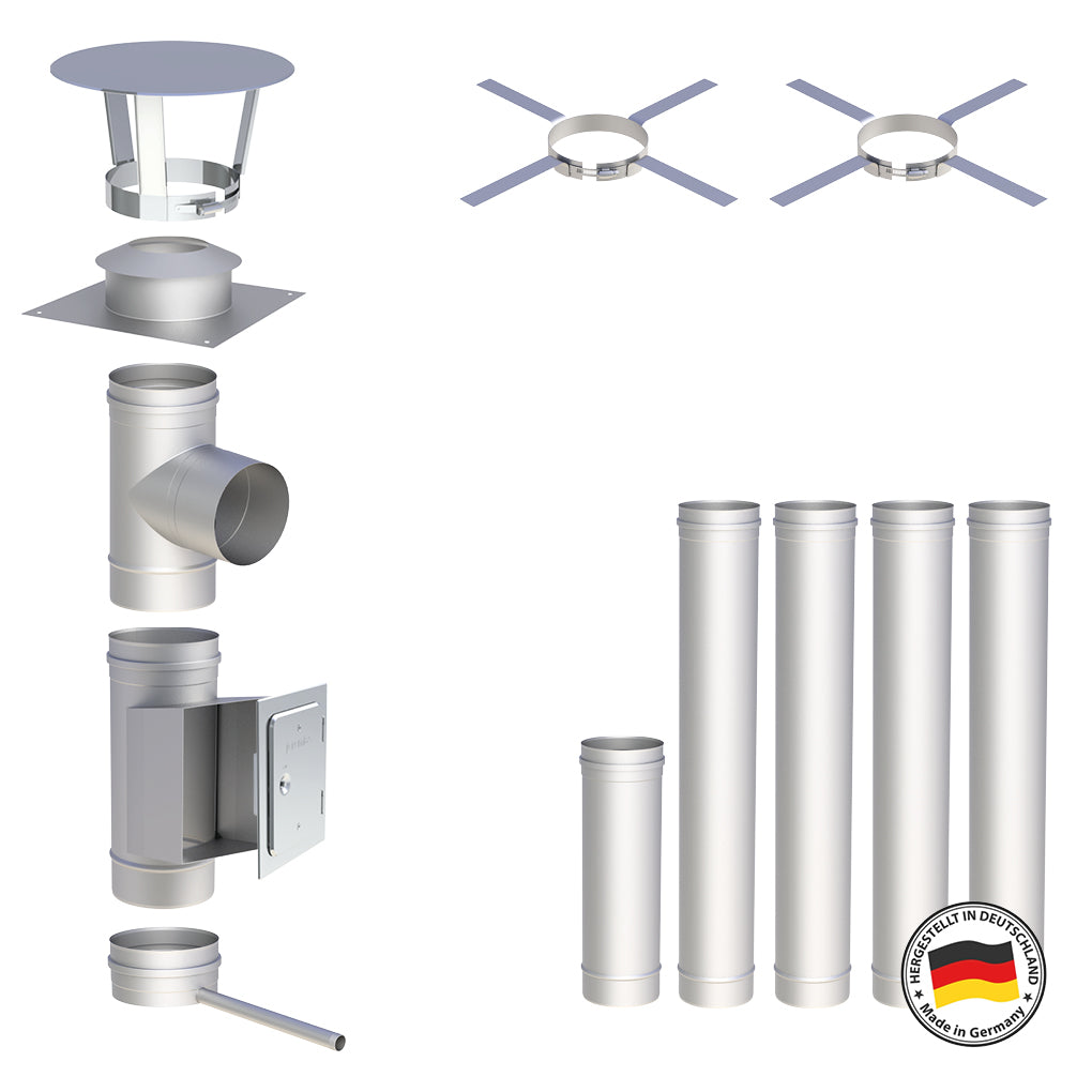 Edelstahlschornstein Bausätze Konfigurator Einwandig - Ø120 mm , Ø130 mm , Ø150 mm , Ø160 mm , Ø180 mm , Ø200 mm - V4A - 25 Jahre Garantie