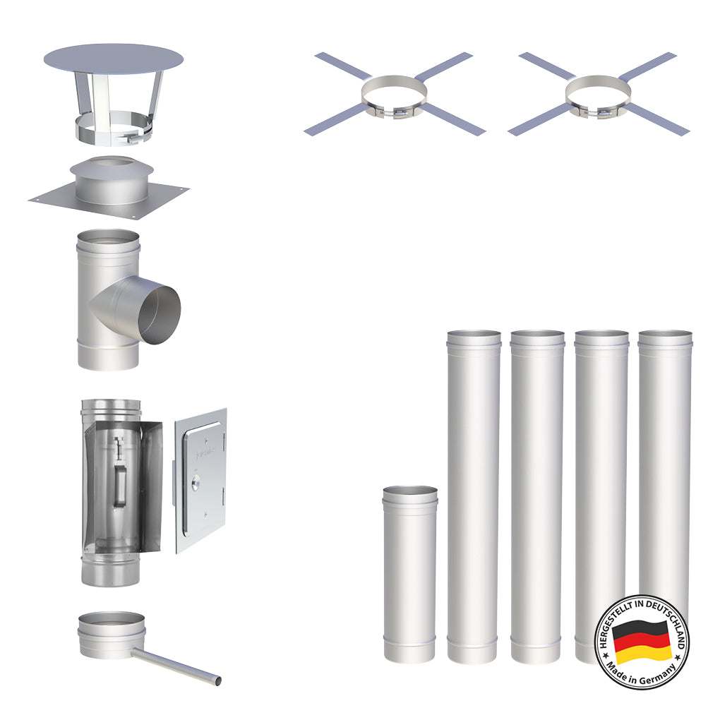 Edelstahlschornstein Bausätze Konfigurator Einwandig - Ø120 mm , Ø130 mm , Ø150 mm , Ø160 mm , Ø180 mm , Ø200 mm - V4A - 25 Jahre Garantie