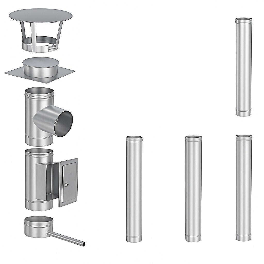 Edelstahlschornstein Bausatz Einwandig 5 m - Ø150 mm - 0,6 mm - V4A, V2A -  Sanierungsbausatz einwandig Abgasrohr Sanierung EW-FU Jeremias