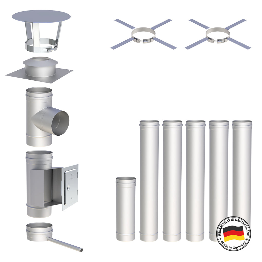 Edelstahlschornstein Bausätze Konfigurator Einwandig - Ø120 mm , Ø130 mm , Ø150 mm , Ø160 mm , Ø180 mm , Ø200 mm - V4A - 25 Jahre Garantie