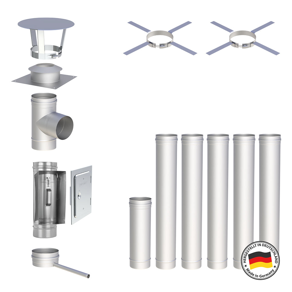 Edelstahlschornstein Bausatz Einwandig 6,5 m - Ø130 mm - 0,6 mm - V4A, V2A -  Sanierungsbausatz einwandig Abgasrohr Sanierung EW-FU Jeremias