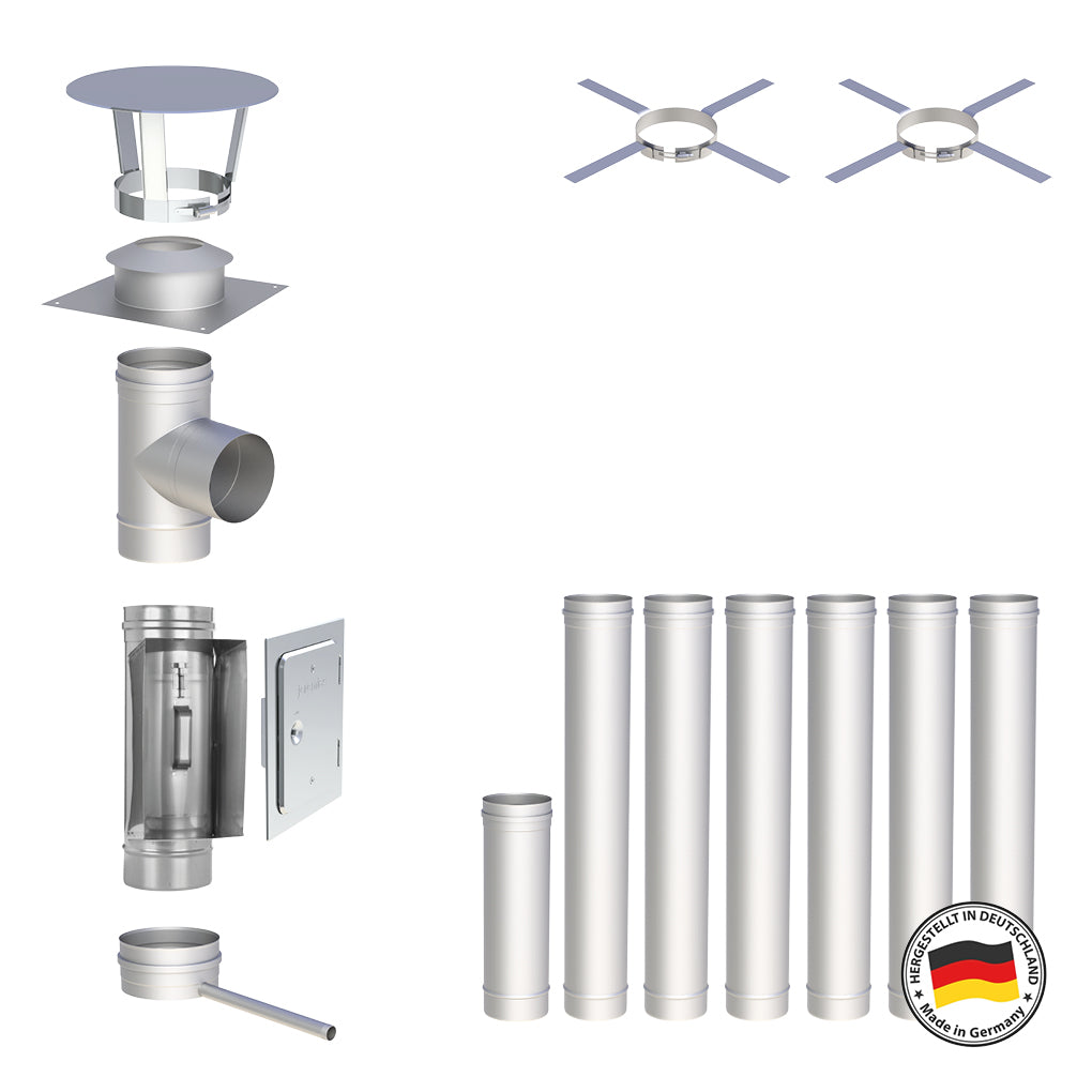 Edelstahlschornstein Bausatz Einwandig 7,5 m - Ø150 mm - 0,6 mm - V4A, V2A -  Sanierungsbausatz einwandig Abgasrohr Sanierung EW-FU Jeremias