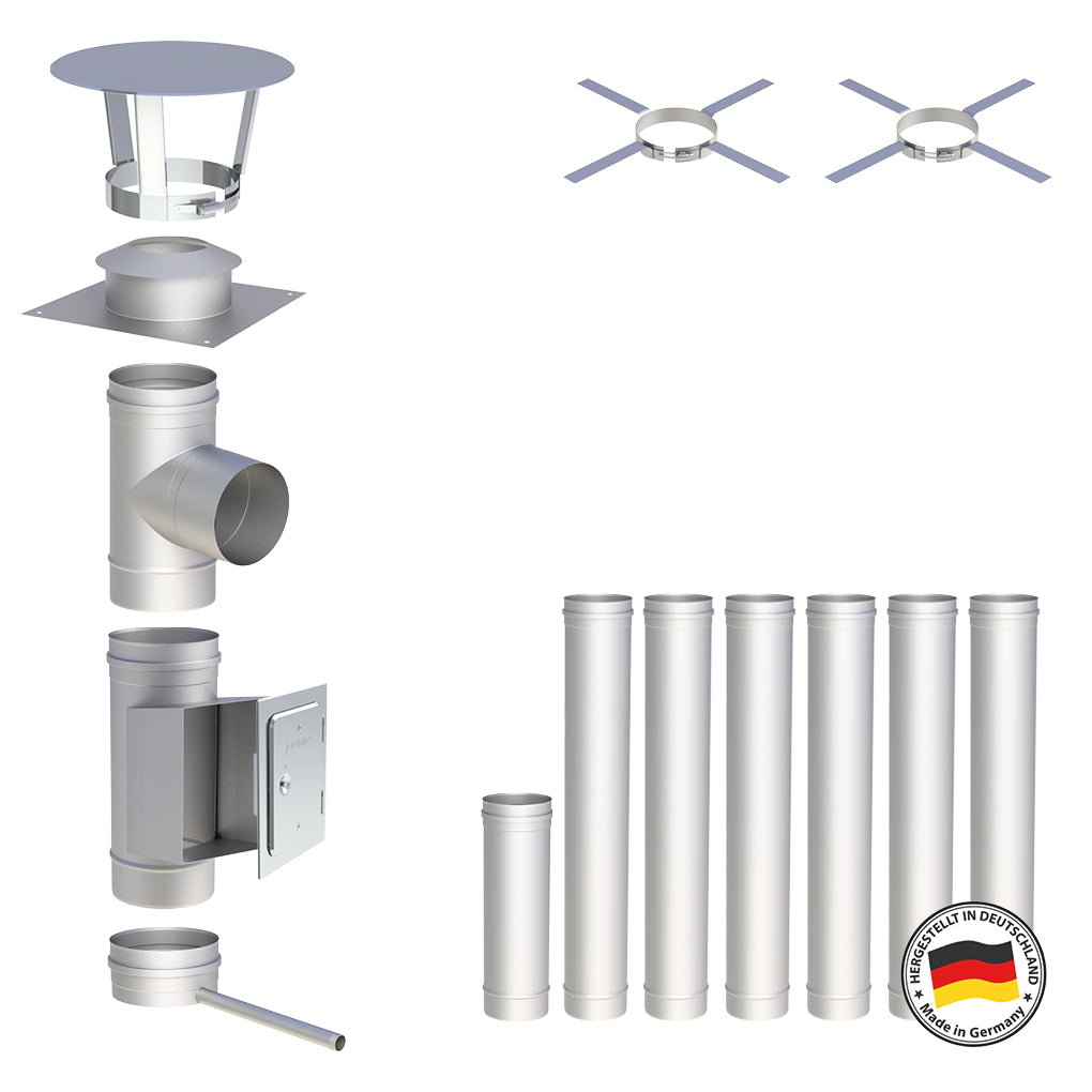 Edelstahlschornstein Bausätze Konfigurator Einwandig - Ø120 mm , Ø130 mm , Ø150 mm , Ø160 mm , Ø180 mm , Ø200 mm - V4A - 25 Jahre Garantie