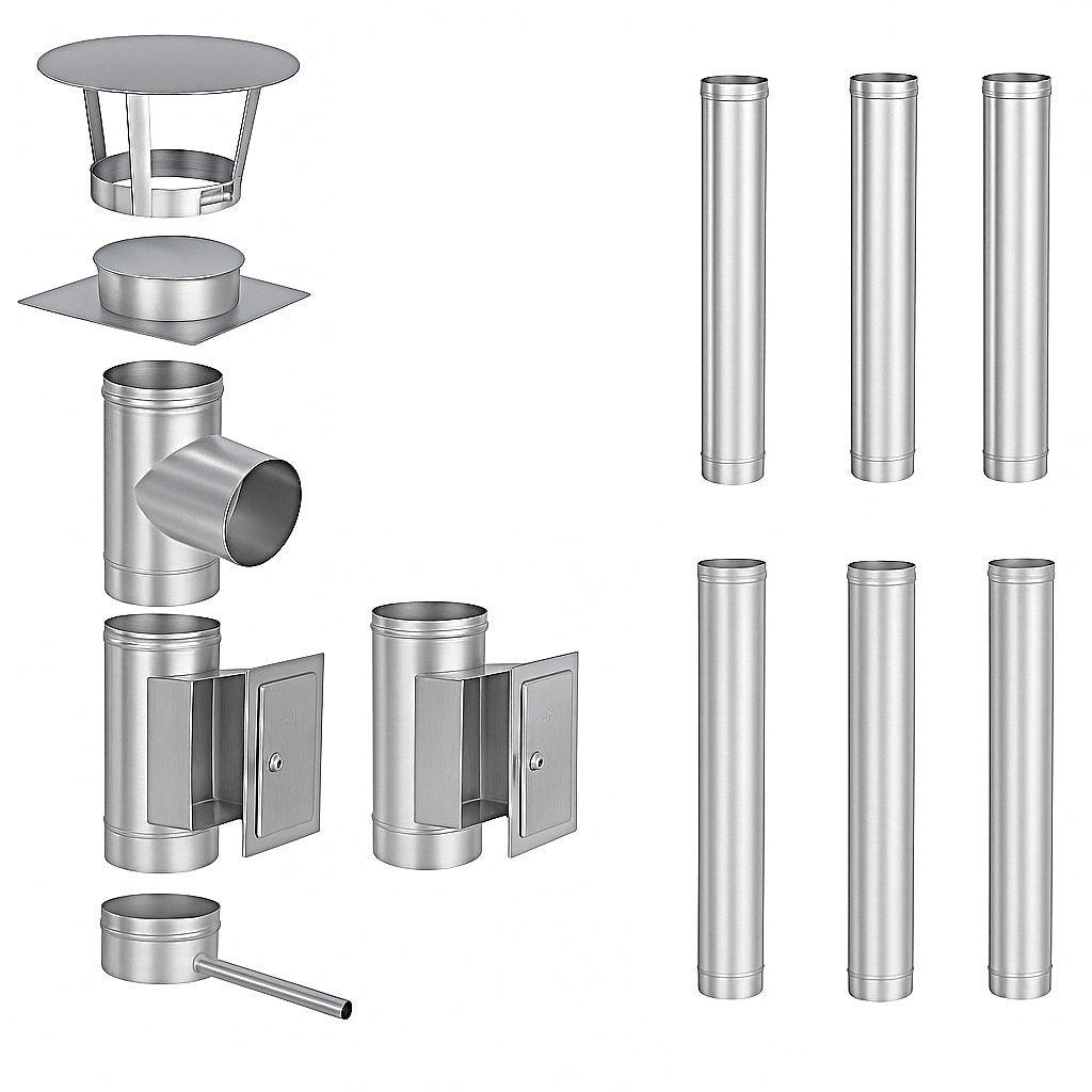 Edelstahlschornstein Bausatz Einwandig 7,4 m - Ø150 mm - 0,6 mm - V4A, V2A -  Sanierungsbausatz einwandig Abgasrohr Sanierung EW-FU Jeremias