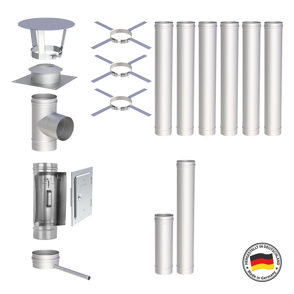 Edelstahlschornstein Bausätze Konfigurator Einwandig - Ø120 mm , Ø130 mm , Ø150 mm , Ø160 mm , Ø180 mm , Ø200 mm - V4A - 25 Jahre Garantie