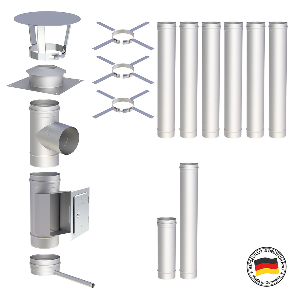 Edelstahlschornstein Bausätze Konfigurator Einwandig - Ø120 mm , Ø130 mm , Ø150 mm , Ø160 mm , Ø180 mm , Ø200 mm - V4A - 25 Jahre Garantie