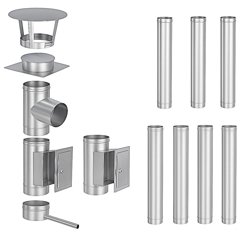 Edelstahlschornstein Bausatz Einwandig 8,4 m - Ø150 mm - 0,6 mm - V4A, V2A -  Sanierungsbausatz einwandig Abgasrohr Sanierung EW-FU Jeremias