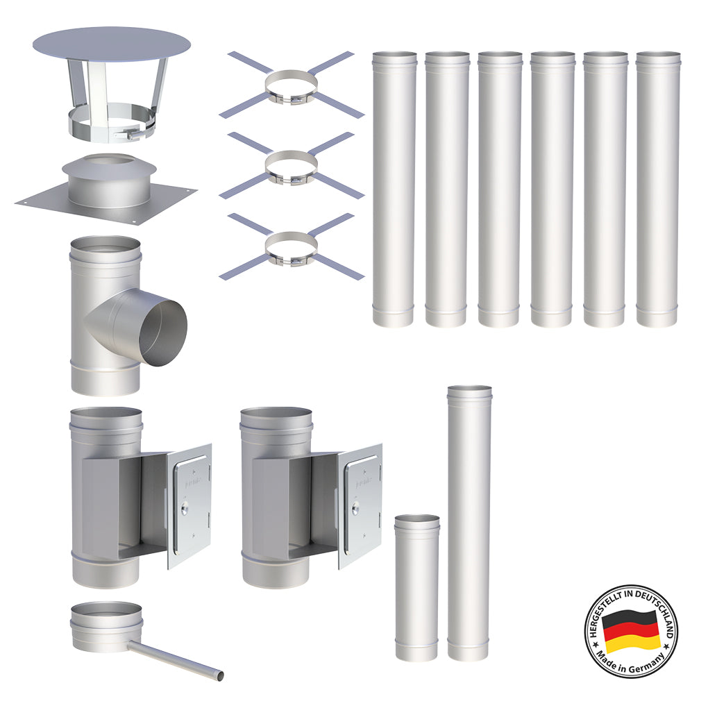 Edelstahlschornstein Bausätze Konfigurator Einwandig - Ø120 mm , Ø130 mm , Ø150 mm , Ø160 mm , Ø180 mm , Ø200 mm - V4A - 25 Jahre Garantie