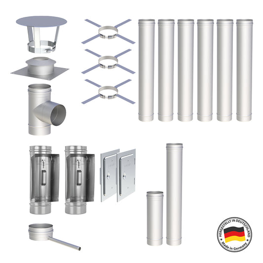Edelstahlschornstein Bausätze Konfigurator Einwandig - Ø120 mm , Ø130 mm , Ø150 mm , Ø160 mm , Ø180 mm , Ø200 mm - V4A - 25 Jahre Garantie