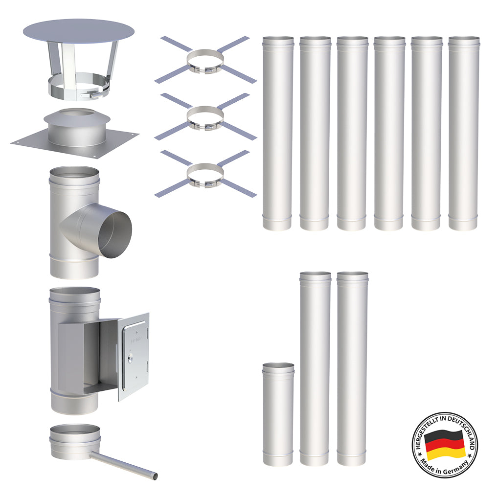 Edelstahlschornstein Bausätze Konfigurator Einwandig - Ø120 mm , Ø130 mm , Ø150 mm , Ø160 mm , Ø180 mm , Ø200 mm - V4A - 25 Jahre Garantie