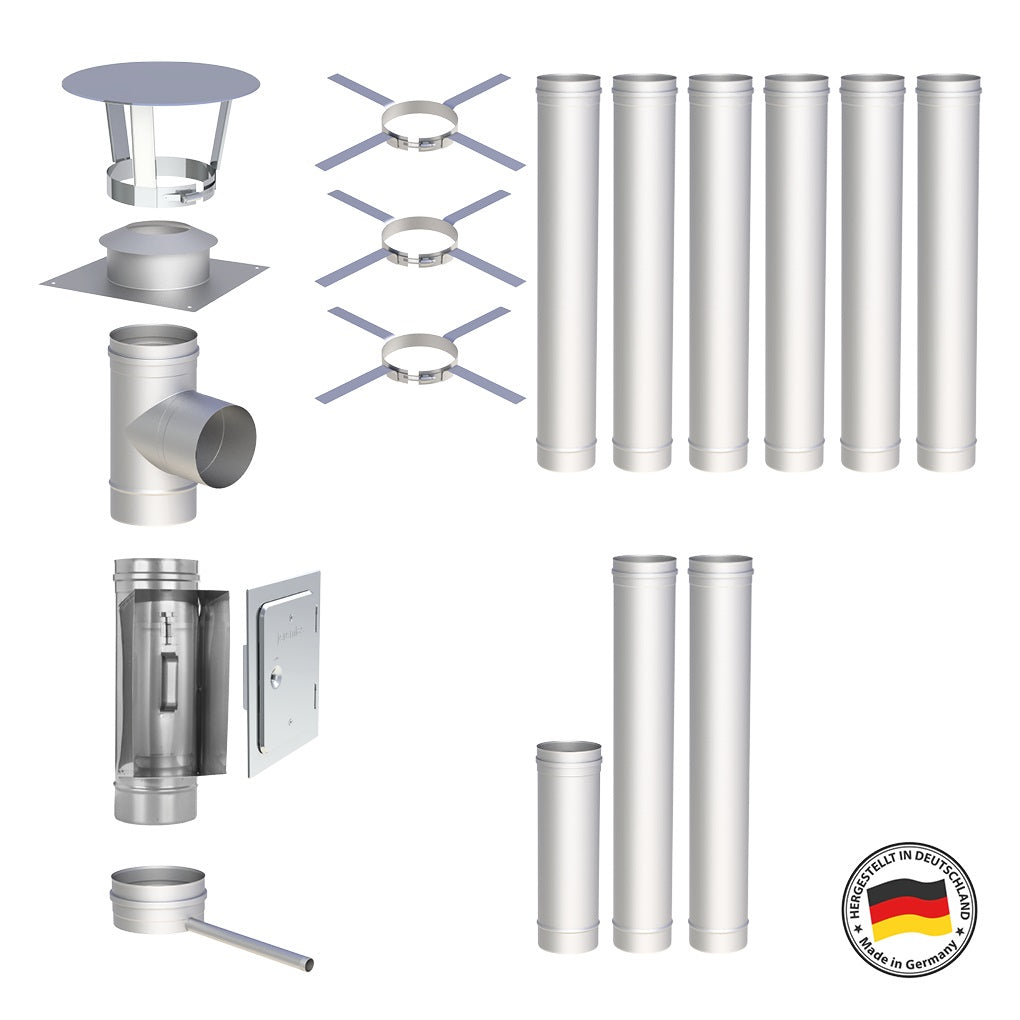 Edelstahlschornstein Bausatz Einwandig 9,5 m - Ø150 mm - 0,6 mm - V4A, V2A -  Sanierungsbausatz einwandig Abgasrohr Sanierung EW-FU Jeremias
