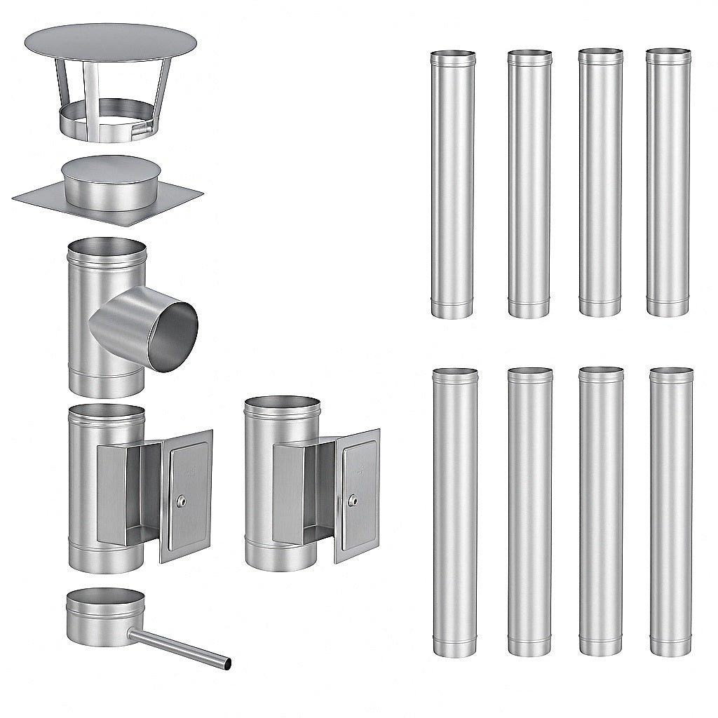 Edelstahlschornstein Bausatz Einwandig 9,4 m - Ø150 mm - 0,6 mm - V4A, V2A -  Sanierungsbausatz einwandig Abgasrohr Sanierung EW-FU Jeremias